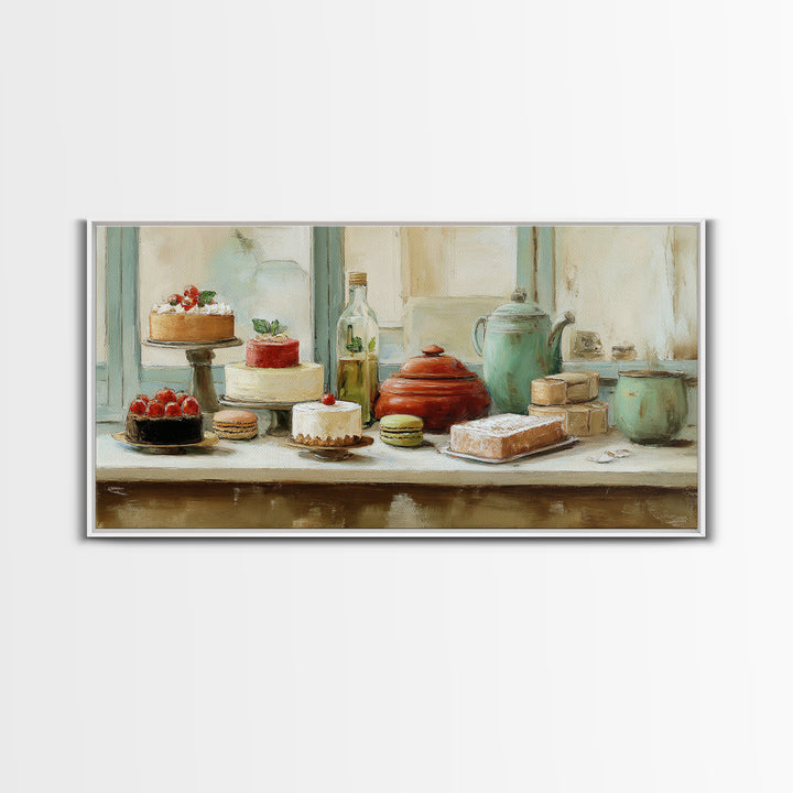 French Patisserie Window Display of Pastel Pastries Framed Canvas Print, Bakery Art, Wall Decor, Bakery Decor, Patisserie, BAK-2x1-46