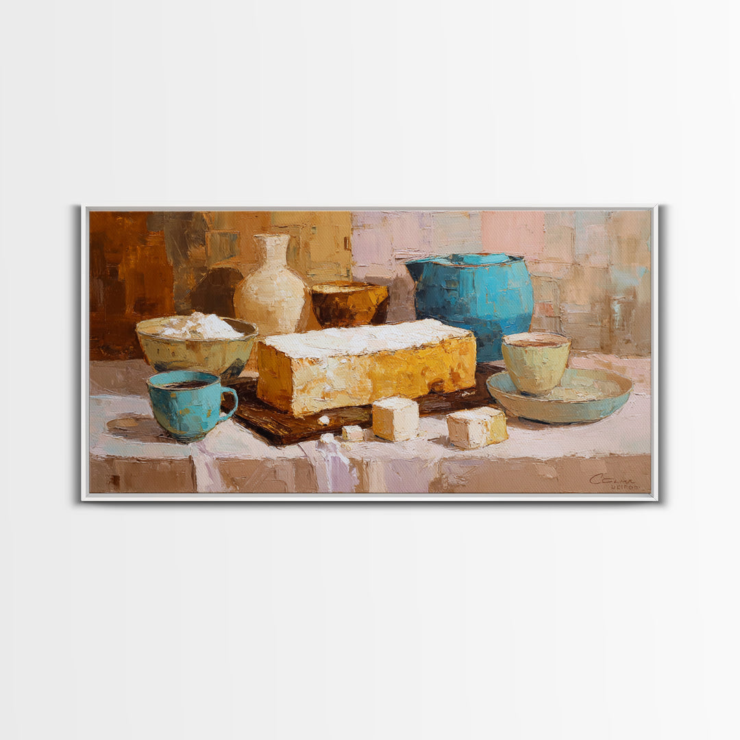 Painterly Eclair and Coffee Still Life Framed Canvas Print, Bakery Art, Kitchen Decor, Bakery Decor, Fine Art, Patisserie, BAK-2x1-56