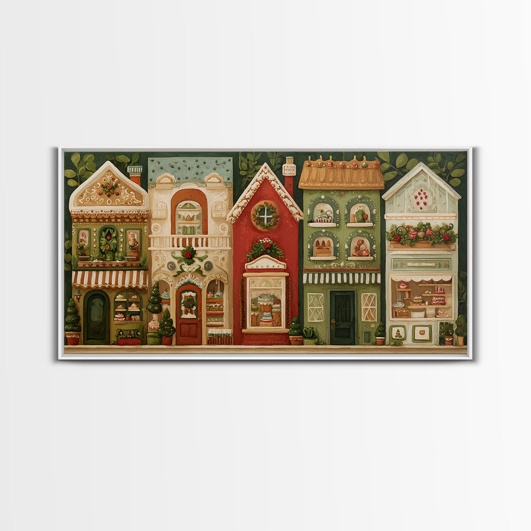 Gingerbread Houses in Charming Folk Art Style Canvas Print, Bakery Art, Printable Wall Art, Bakery Decor, Fine Art, Patisserie, BAK-2x1-58