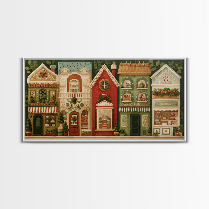 Gingerbread Houses in Charming Folk Art Style Canvas Print, Bakery Art, Printable Wall Art, Bakery Decor, Fine Art, Patisserie, BAK-2x1-58