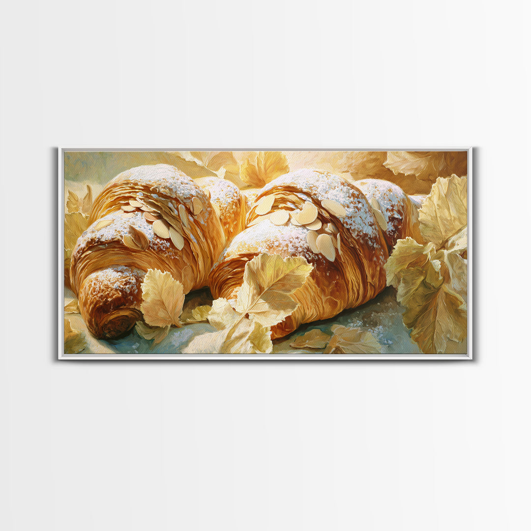 Almond Croissant Closeup Framed Canvas Print, Bakery Art, Aesthetic Wall Art, Bakery Decor, Watercolor Art, Patisserie, BAK-2x1-59