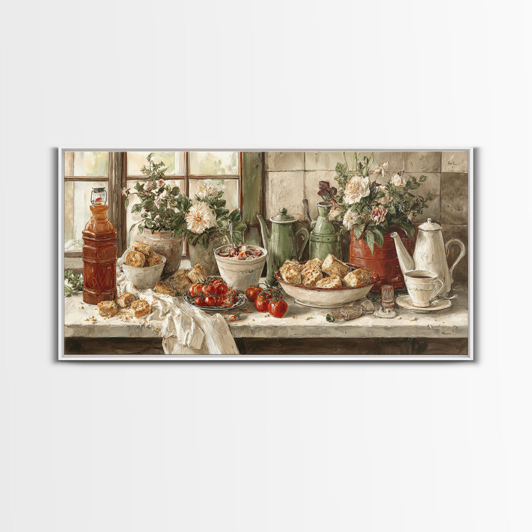 Tea and Scone Arrangement Canvas Print, Bakery Art, Digital Print, Bakery Decor, Fine Art, Patisserie, Kitchen Art Print, BAK-2x1-64