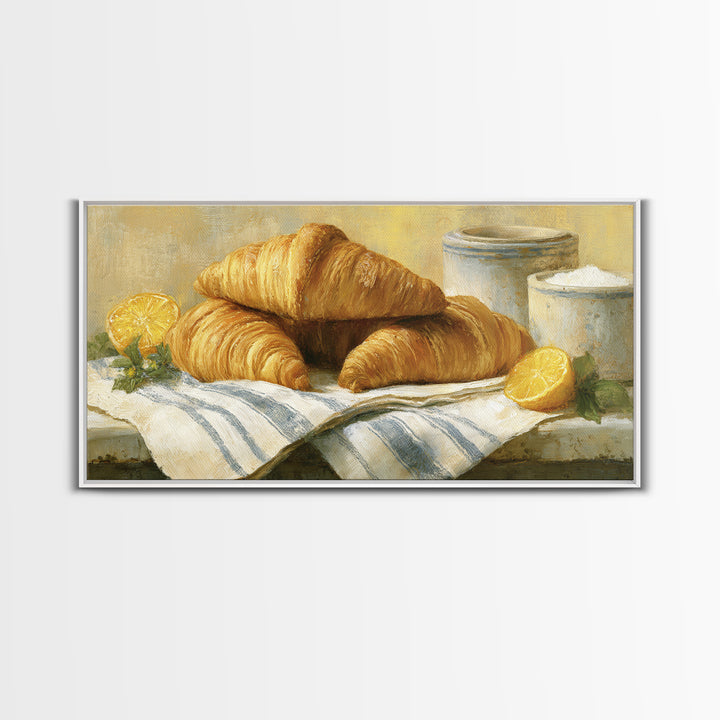 Buttery Croissants Stacked on Striped Linen Canvas Print, Bakery Art, Colorful Wall Art, Bakery Decor, Abstract Art, Patisserie, BAK-2x1-69