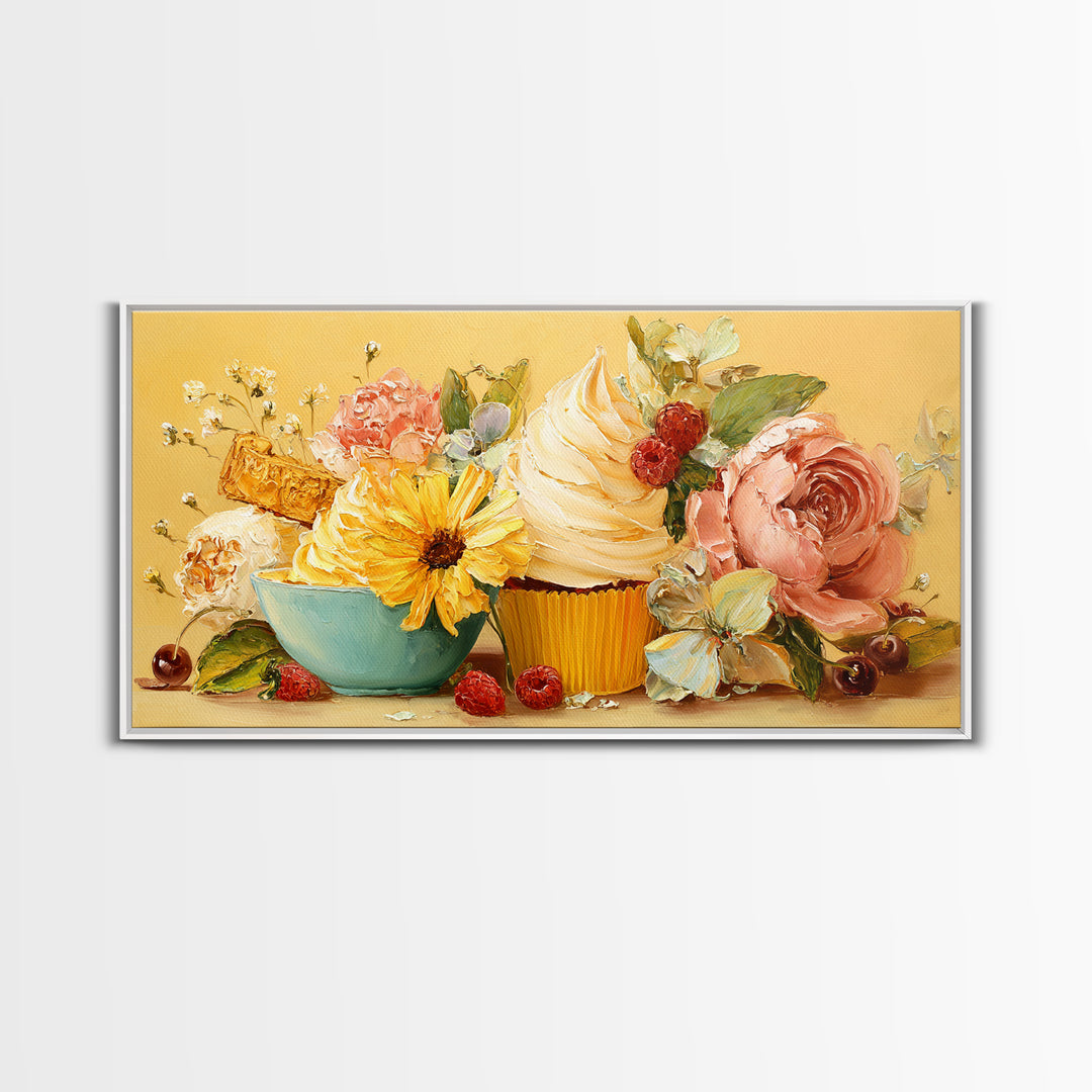 Cupcake Bouquet Painted Framed Canvas Print, Bakery Art, Room Decor, Bakery Decor, Fine Art, Patisserie, Digital Print, BAK-2x1-75