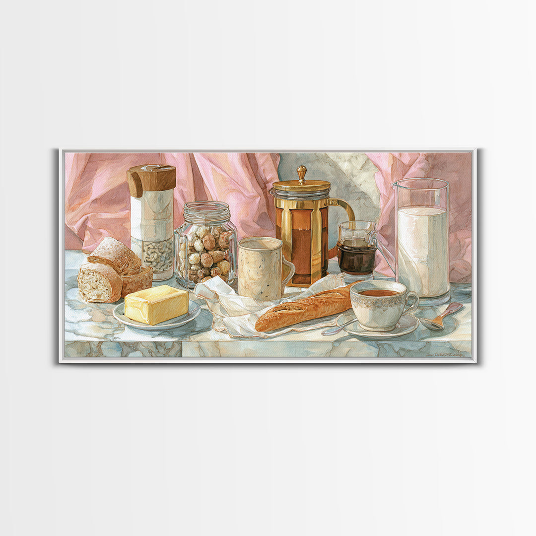 Baguette and Butter Still Life on Marble Canvas Print, Bakery Art, Kitchen Print, Bakery Decor, Fine Art, Patisserie, BAK-2x1-76
