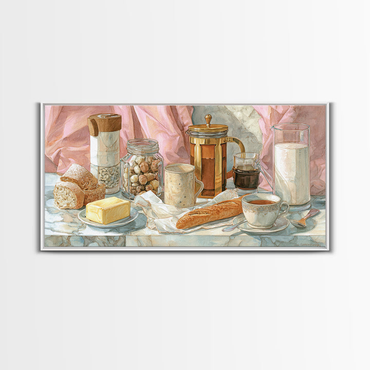 Baguette and Butter Still Life on Marble Canvas Print, Bakery Art, Kitchen Print, Bakery Decor, Fine Art, Patisserie, BAK-2x1-76