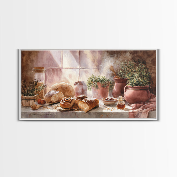 Cinnamon Rolls in a Warm Country Kitchen Framed Canvas Print, Bakery Art, Kids Art, Bakery Decor, Fine Art, Patisserie, BAK-2x1-79