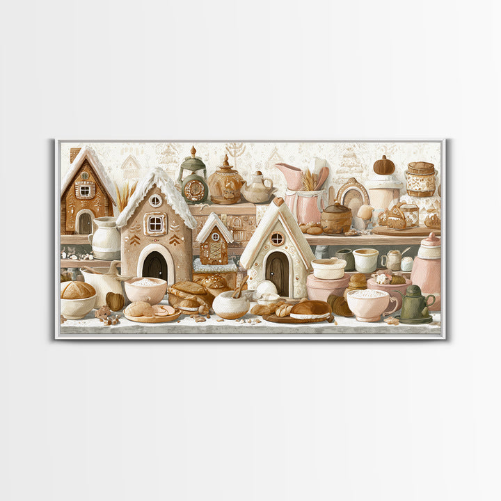 Gingerbread Houses in Charming Folk Art Style Canvas Print, Bakery Art, Printable Wall Art, Bakery Decor, Fine Art, Patisserie, BAK-2x1-82