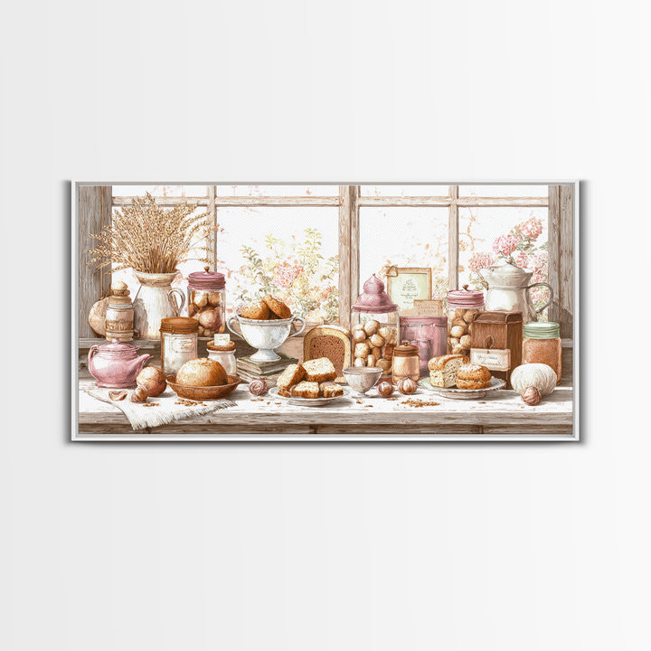 Tea and Scone Arrangement Framed Canvas Print, Bakery Art, Watercolor Art, Bakery Decor, Fine Art, Patisserie, French Wall Art, BAK-2x1-88