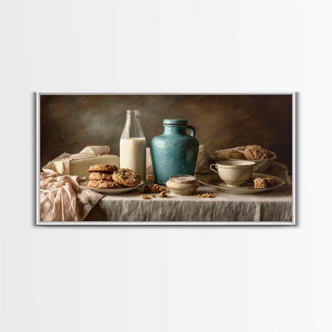Milk Bottle and Cookies Nostalgic Still Life Framed Canvas Print, Bakery Art, Kitchen Wall Art, Bakery Decor, Oil Painting, BAK-2x1-90