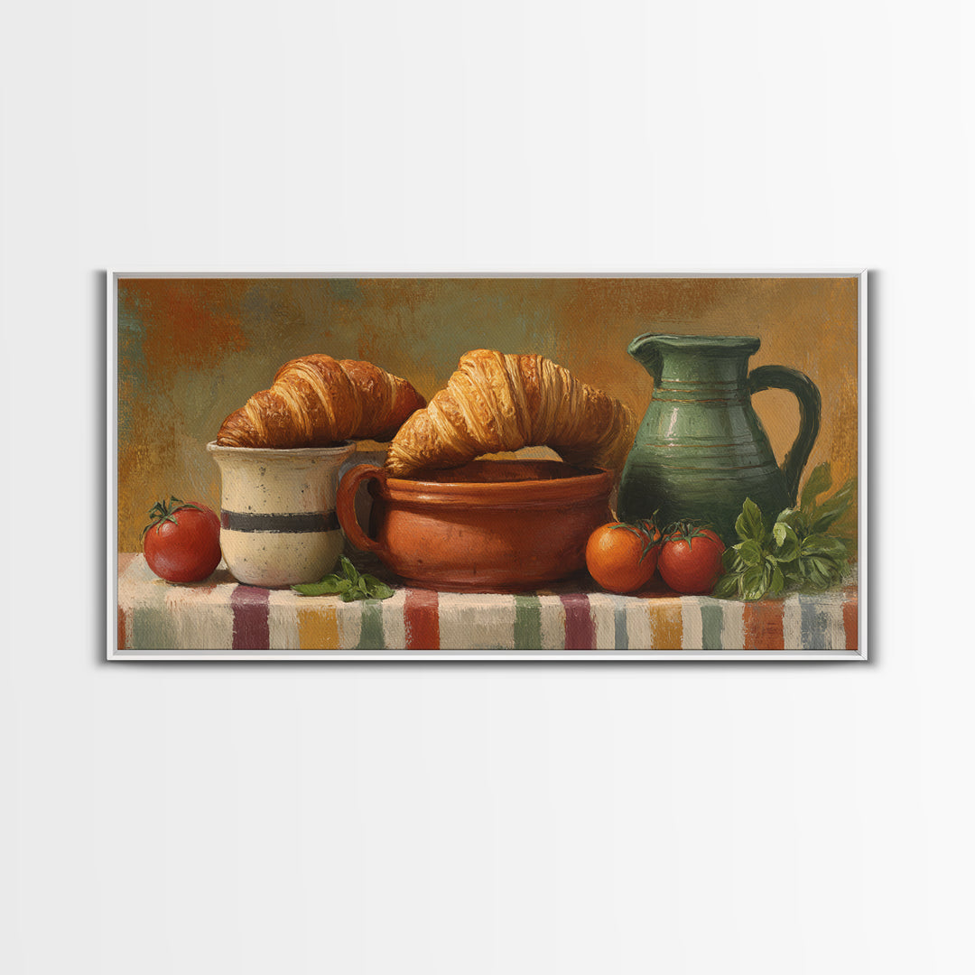 Buttery Croissants Stacked on Striped Linen Canvas Print, Bakery Art, Colorful Wall Art, Bakery Decor, Abstract Art, Patisserie, BAK-2x1-93