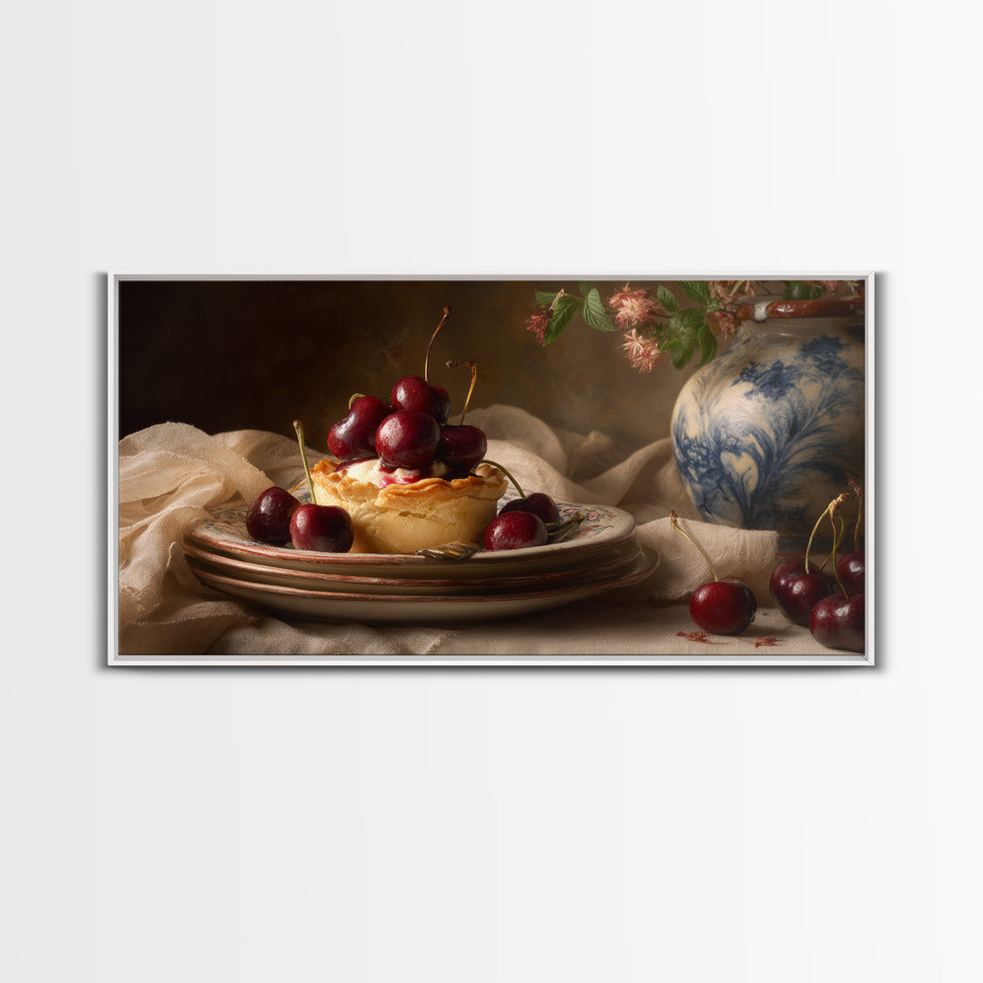 Cherry Tart Still Life Framed Canvas Print, Bakery Art, Digital Download Art, Bakery Decor, Fine Art, Patisserie, Neutral Decor, BAK-2x1-97