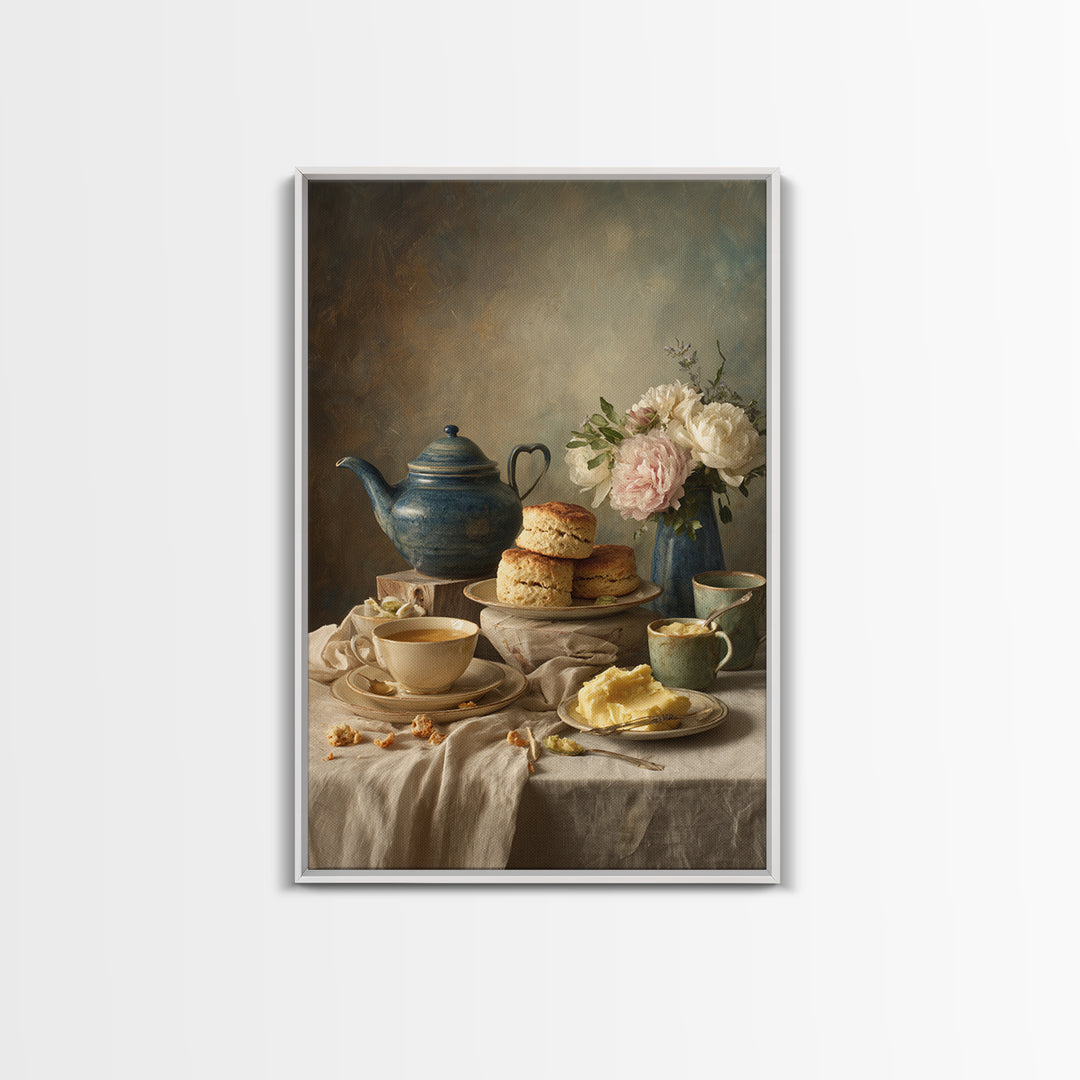 Tea and Scone Arrangement Framed Canvas Print, Bakery Art, Printable Wall Art, Bakery Decor, Patisserie, Coffee Wall Art, BAK-2x3-100