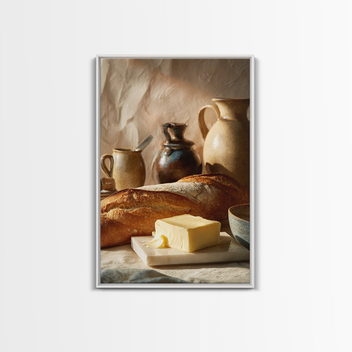 Baguette and Butter Still Life on Marble Canvas Print, Bakery Art, Gallery Decor, Bakery Decor, Fine Art, Patisserie, BAK-2x3-16