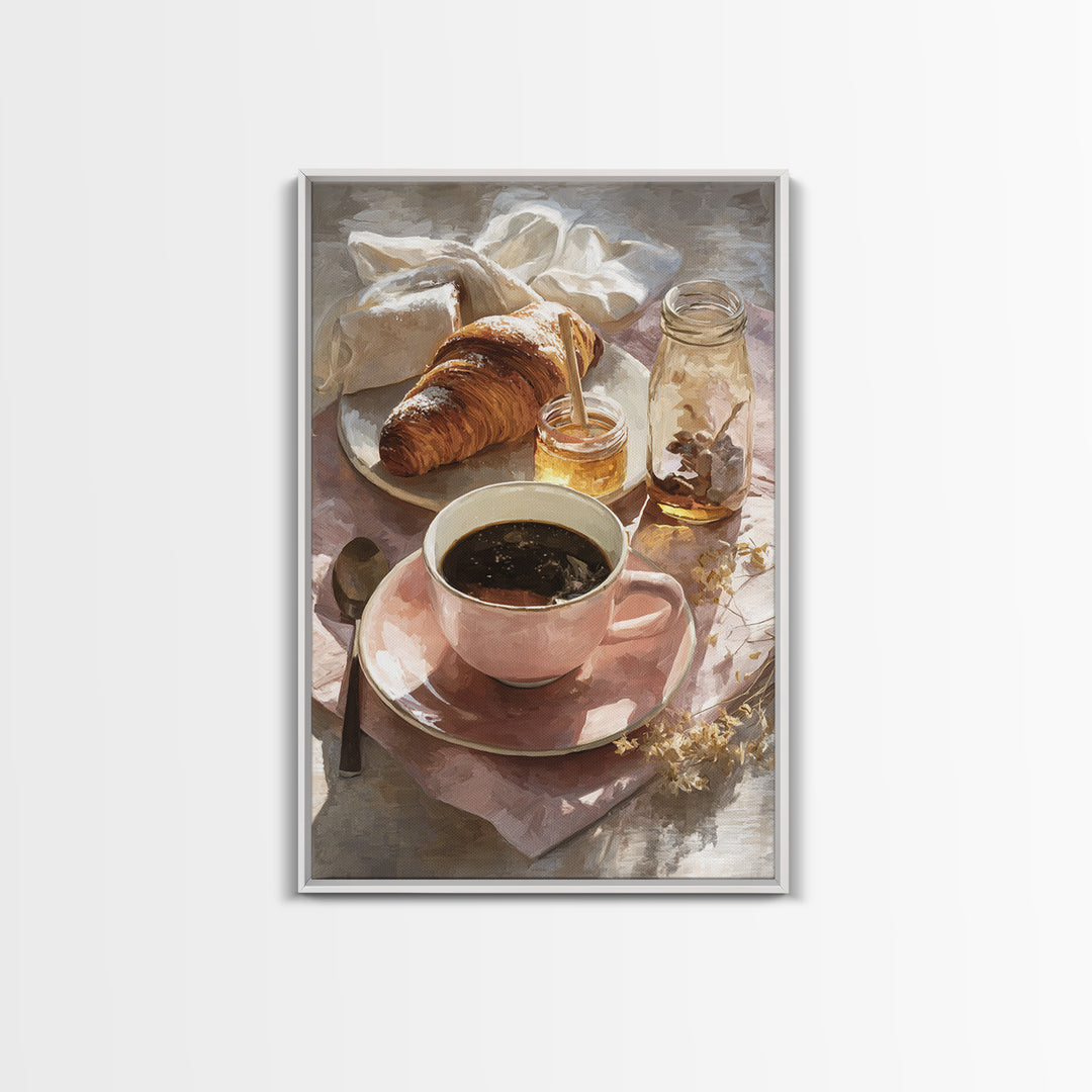 Painterly Eclair and Coffee Still Life Framed Canvas Print, Bakery Art, Kitchen Prints, Bakery Decor, Oil Painting, Patisserie, BAK-2x3-20