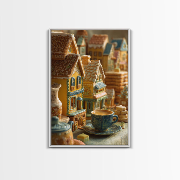 Gingerbread Houses in Charming Folk Art Style Framed Canvas Print, Bakery Art, Wall Decor, Bakery Decor, Fine Art, Patisserie, BAK-2x3-22