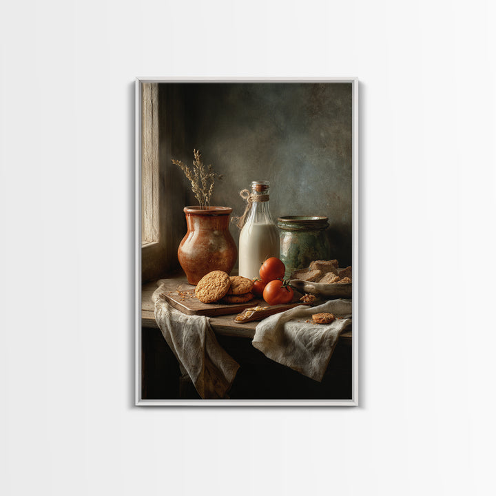 Milk Bottle and Cookies Nostalgic Still Life Framed Canvas Print, Bakery Art, Minimalist Decor, Bakery Decor, Patisserie, BAK-2x3-30
