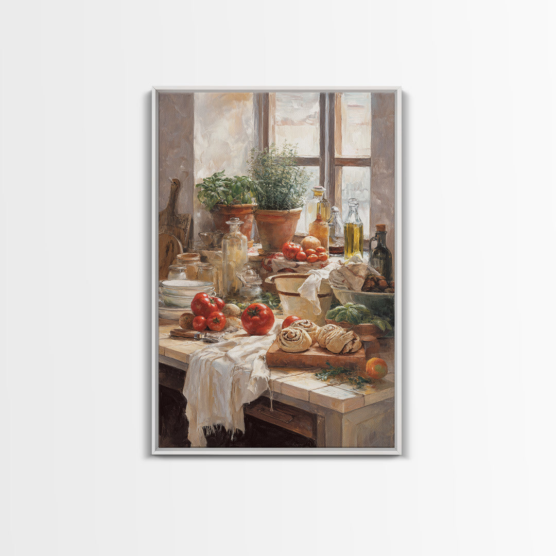 Cinnamon Rolls in a Warm Country Kitchen Framed Canvas Print, Bakery Art, Watercolor Painting, Bakery Decor, Patisserie, BAK-2x3-43