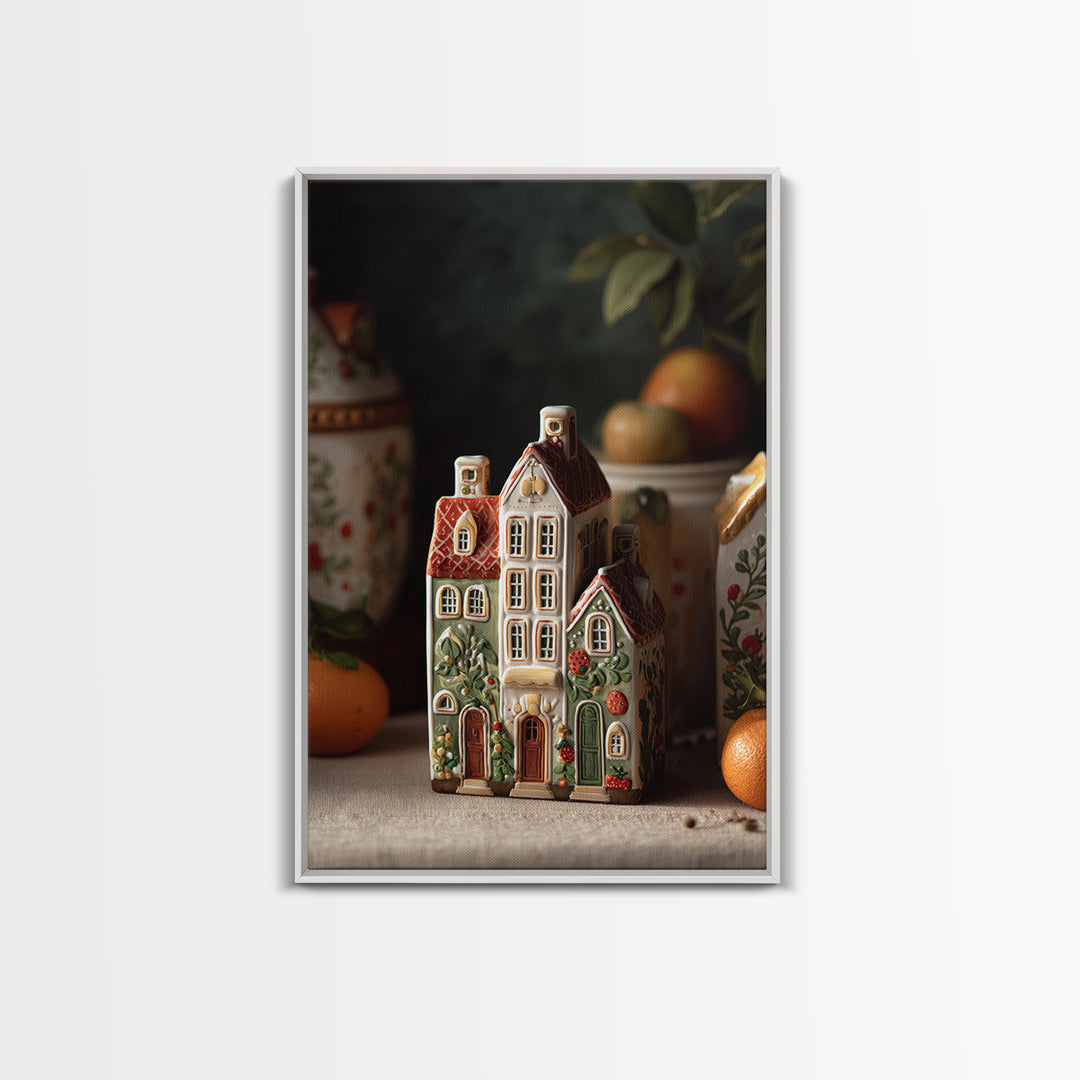 Gingerbread Houses in Charming Folk Art Style Framed Canvas Print, Bakery Art, Wall Decor, Bakery Decor, Fine Art, Patisserie, BAK-2x3-46