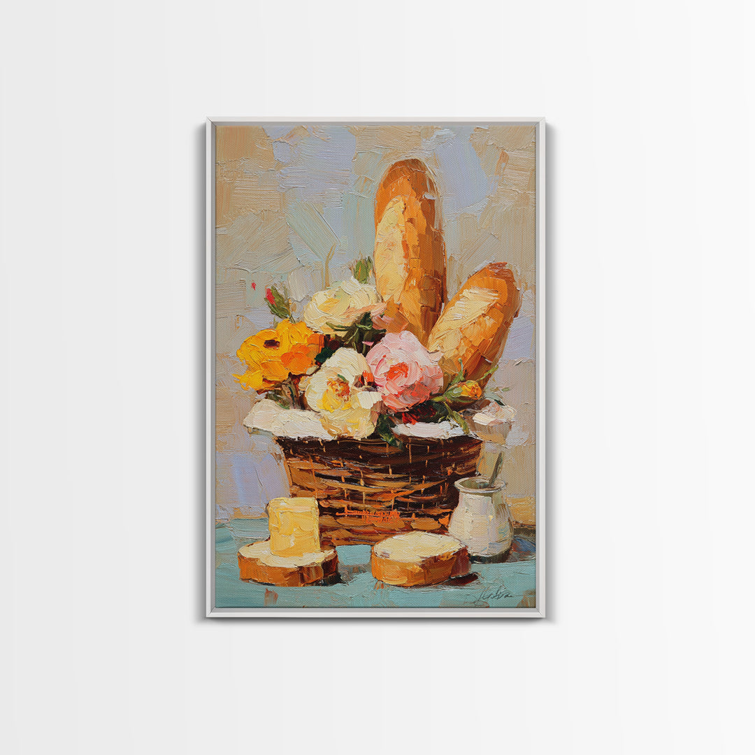 French Market Basket Filled Canvas Print, Bakery Art, Print, Bakery Decor, Oil Painting, Patisserie, Food Art, Kitchen Print, BAK-2x3-50