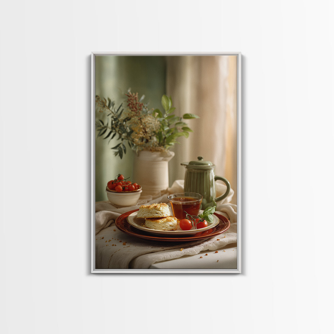Tea and Scone Arrangement Framed Canvas Print, Bakery Art, Wall Decor, Bakery Decor, Fine Art, Patisserie, Kitchen Prints, BAK-2x3-52