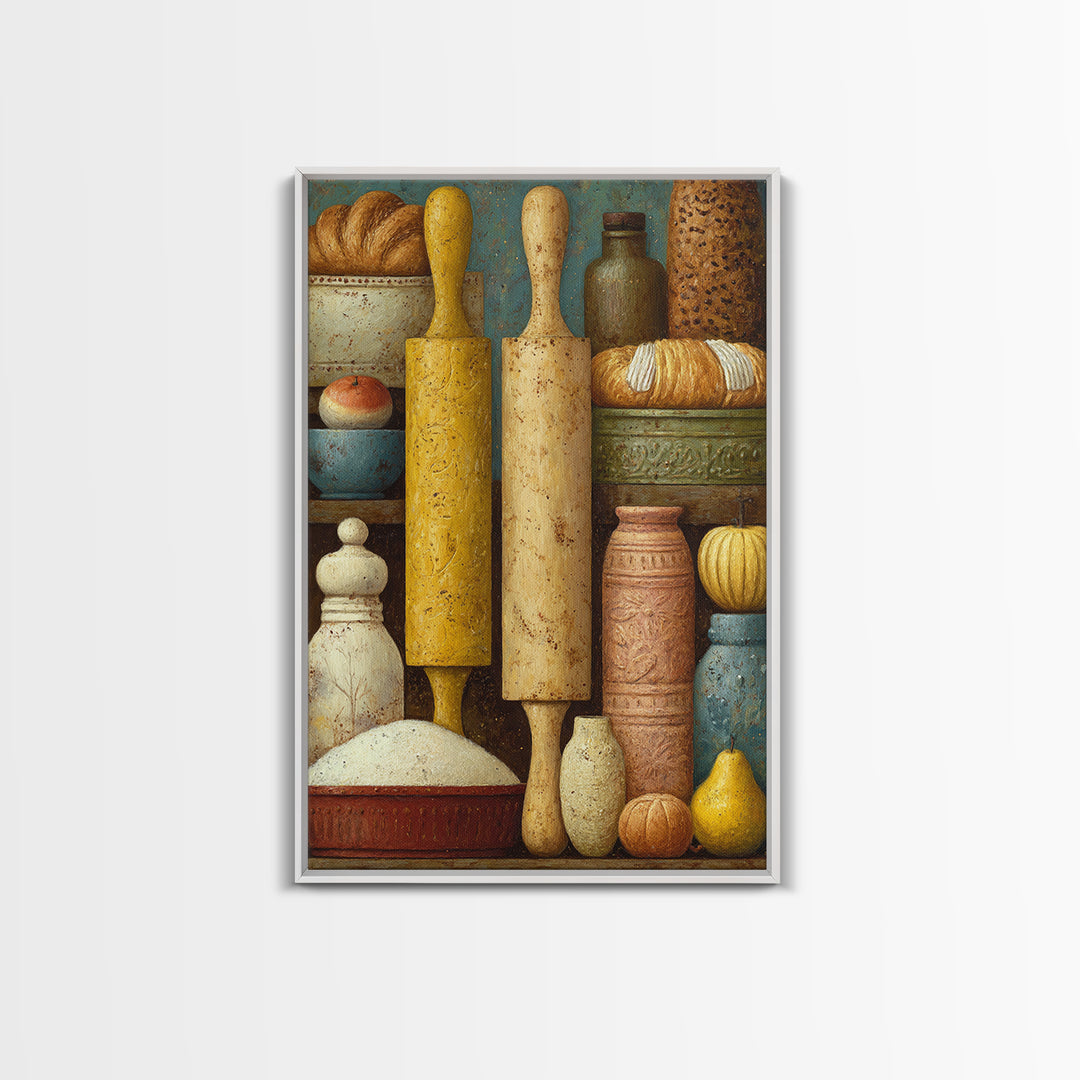 Patisserie Pattern of Rolling Pins and Pastries Framed Canvas Print, Bakery Art, Kitchen Prints, Bakery Decor, Oil Painting, BAK-2x3-53