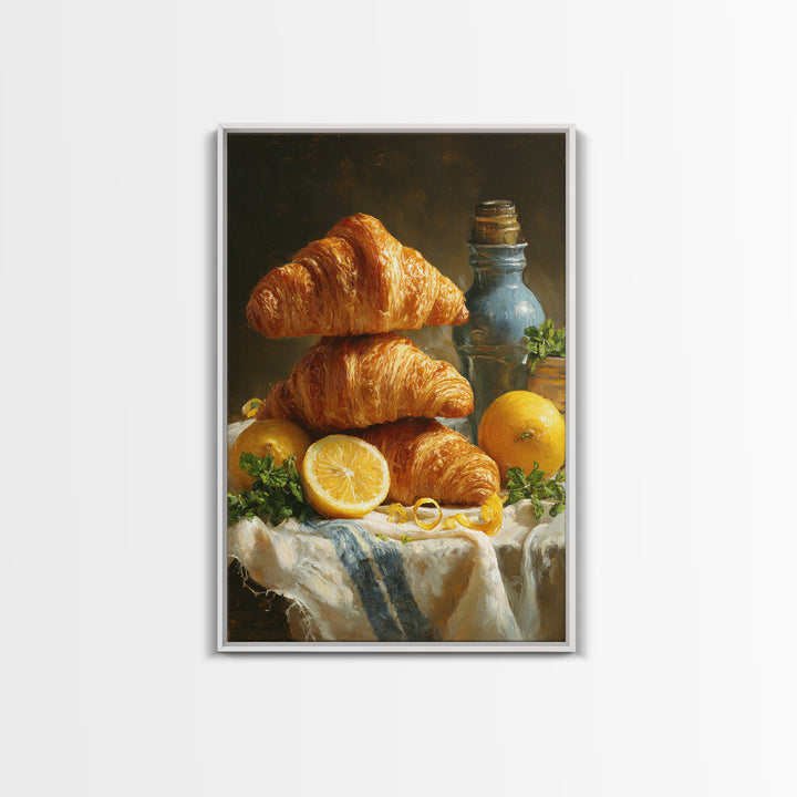 Buttery Croissants Stacked on Striped Linen Canvas Print, Bakery Art, Watercolor Print, Bakery Decor, Fine Art, Patisserie, BAK-2x3-57