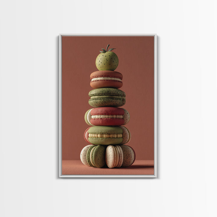 Single Perfect Macaron Tower Framed Canvas Print, Bakery Art, Kitchen Prints, Bakery Decor, Oil Painting, Patisserie, BAK-2x3-59