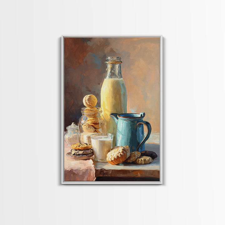 Milk Bottle and Cookies Nostalgic Still Life Framed Canvas Print, Bakery Art, Minimalist Decor, Bakery Decor, Patisserie, BAK-2x3-6