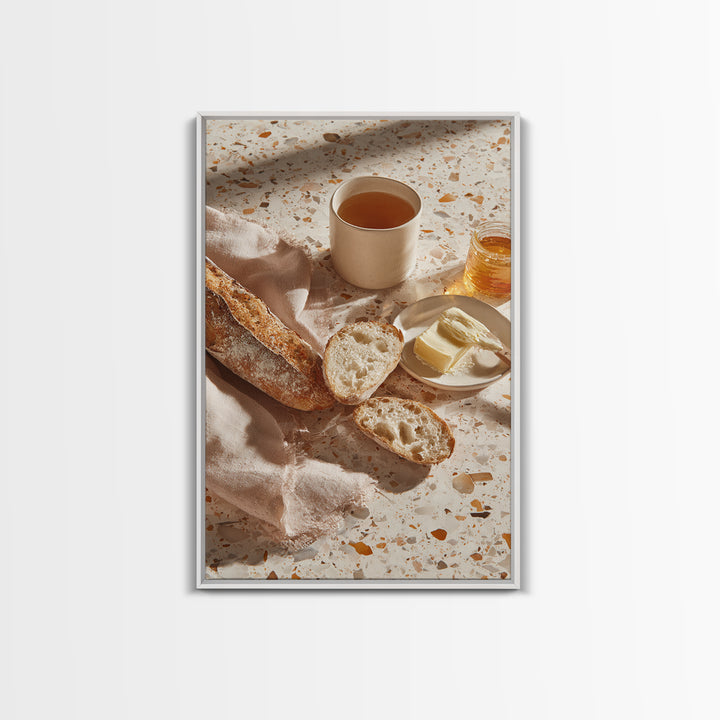 Baguette and Butter Still Life on Marble Framed Canvas Print, Bakery Art, Printable Wall Art, Bakery Decor, Patisserie, BAK-2x3-64