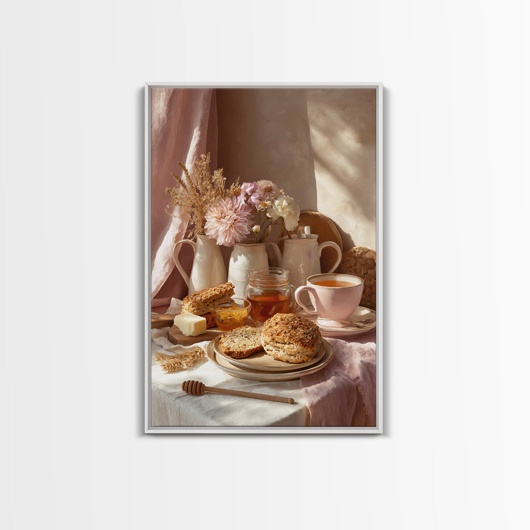 Tea and Scone Arrangement Framed Canvas Print, Bakery Art, Whimsical Wall Art, Bakery Decor, Fine Art, Patisserie, Luxury Decor, BAK-2x3-76