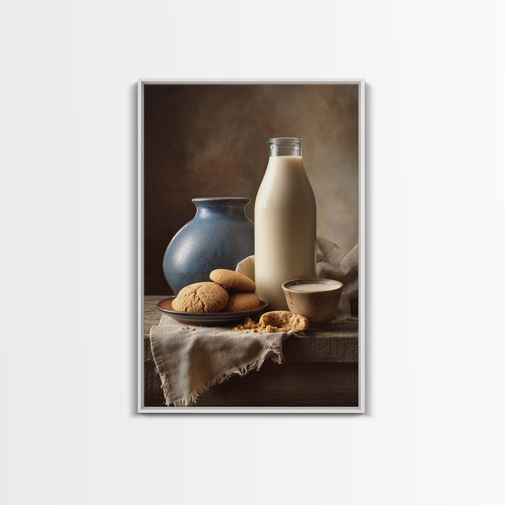 Milk Bottle and Cookies Nostalgic Still Life Framed Canvas Print, Bakery Art, Kitchen Art, Bakery Decor, Fine Art, Patisserie, BAK-2x3-78