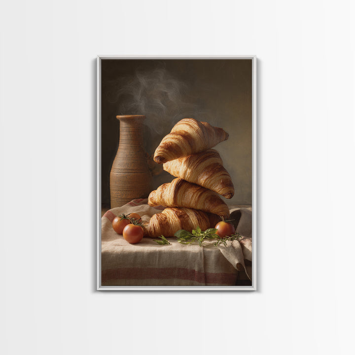 Buttery Croissants Stacked on Striped Linen Canvas Print, Bakery Art, Watercolor Print, Bakery Decor, Fine Art, Patisserie, BAK-2x3-81