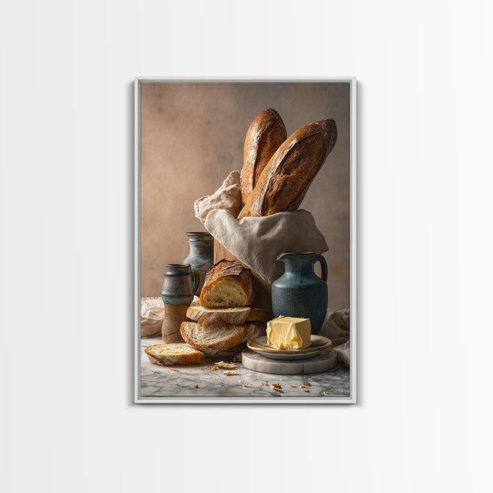 Baguette and Butter Still Life on Marble Framed Canvas Print, Bakery Art, Kitchen Print, Bakery Decor, Fine Art, Patisserie, BAK-2x3-88
