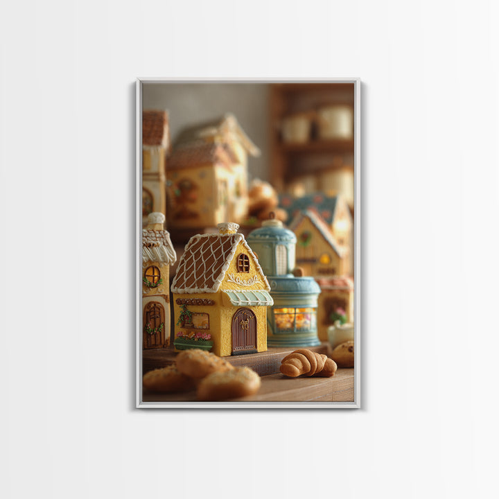 Gingerbread Houses in Charming Folk Art Style Framed Canvas Print, Bakery Art, Watercolor Art, Bakery Decor, Patisserie, BAK-2x3-94