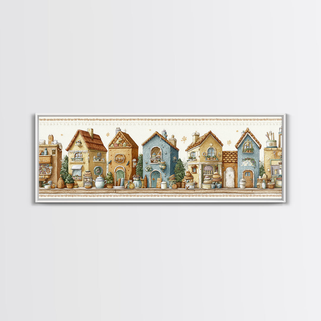 Gingerbread Houses in Charming Folk Art Style Canvas Print, Bakery Art, Whimsical Wall Art, Bakery Decor, Fine Art, Patisserie, BAK-3x1-6