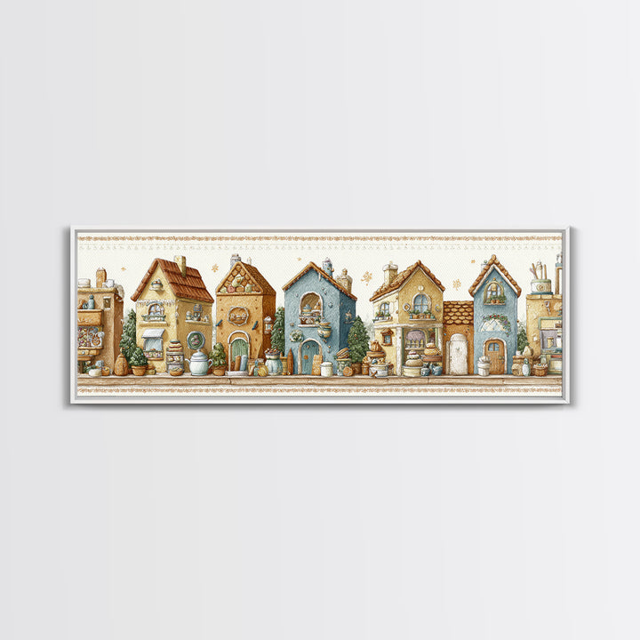 Gingerbread Houses in Charming Folk Art Style Canvas Print, Bakery Art, Whimsical Wall Art, Bakery Decor, Fine Art, Patisserie, BAK-3x1-6
