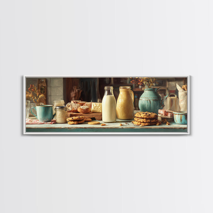 Milk Bottle and Cookies Nostalgic Still Life Canvas Print, Bakery Art, Boho Decor, Bakery Decor, Oil Painting, Patisserie, BAK-3x1-62