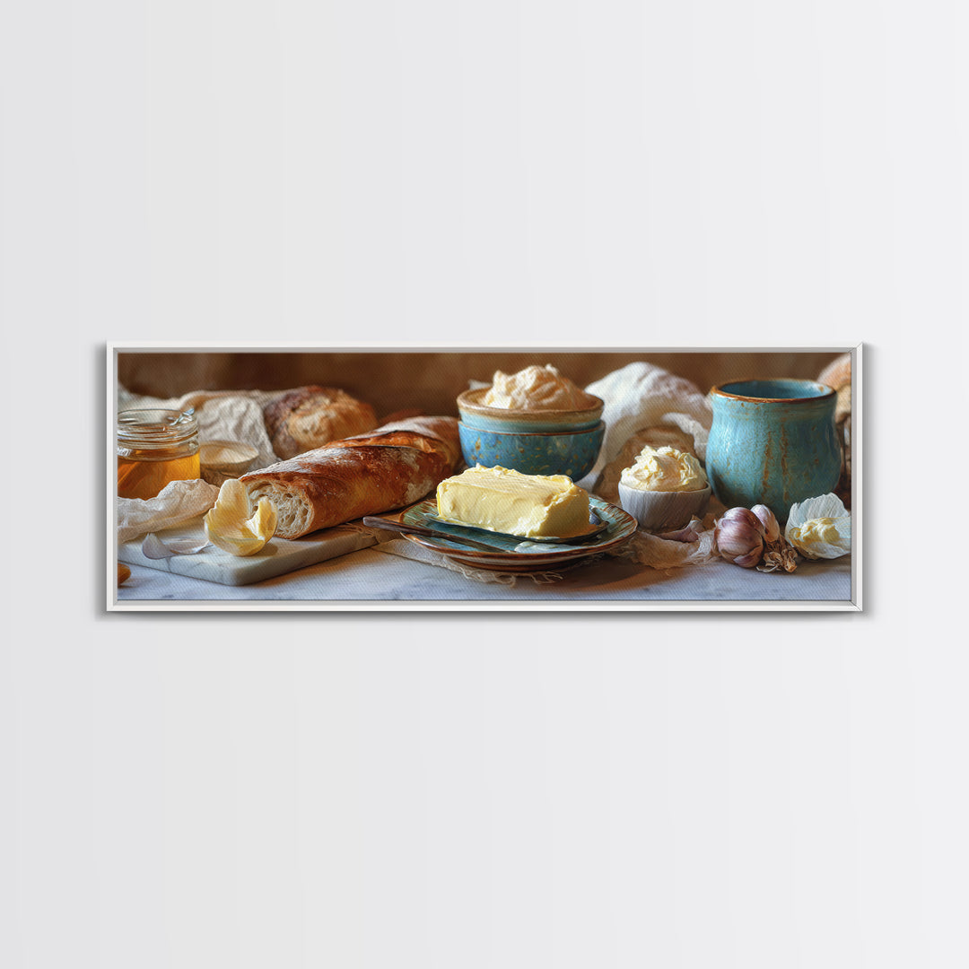 Baguette and Butter Still Life on Marble Framed Canvas Print, Bakery Art, Wall Decor, Bakery Decor, Fine Art, Patisserie, BAK-3x1-72