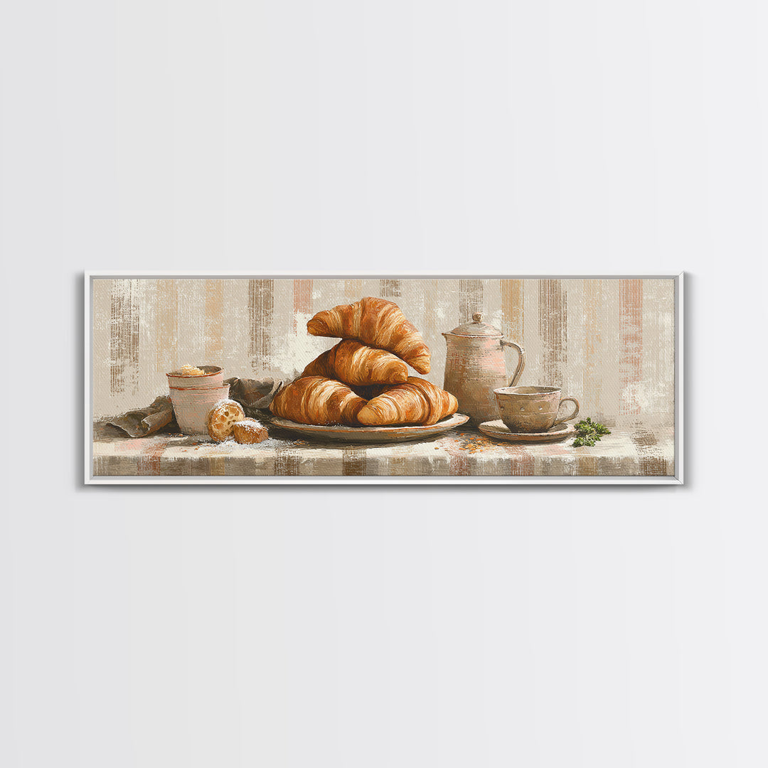 Buttery Croissants Stacked on Striped Linen Framed Canvas Print, Bakery Art, Boho Decor, Bakery Decor, Fine Art, Patisserie, BAK-3x1-89