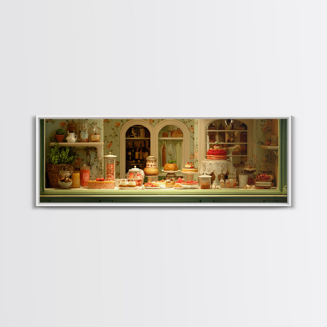 French Patisserie Window Display of Pastel Pastries Canvas Print, Bakery Art, Whimsical Wall Art, Bakery Decor, Patisserie, BAK-3x1-90