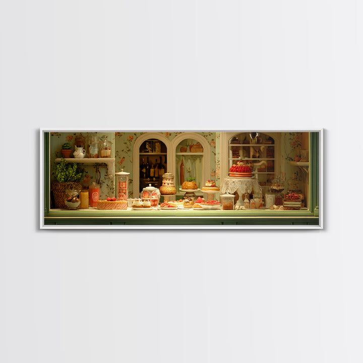 French Patisserie Window Display of Pastel Pastries Canvas Print, Bakery Art, Whimsical Wall Art, Bakery Decor, Patisserie, BAK-3x1-90