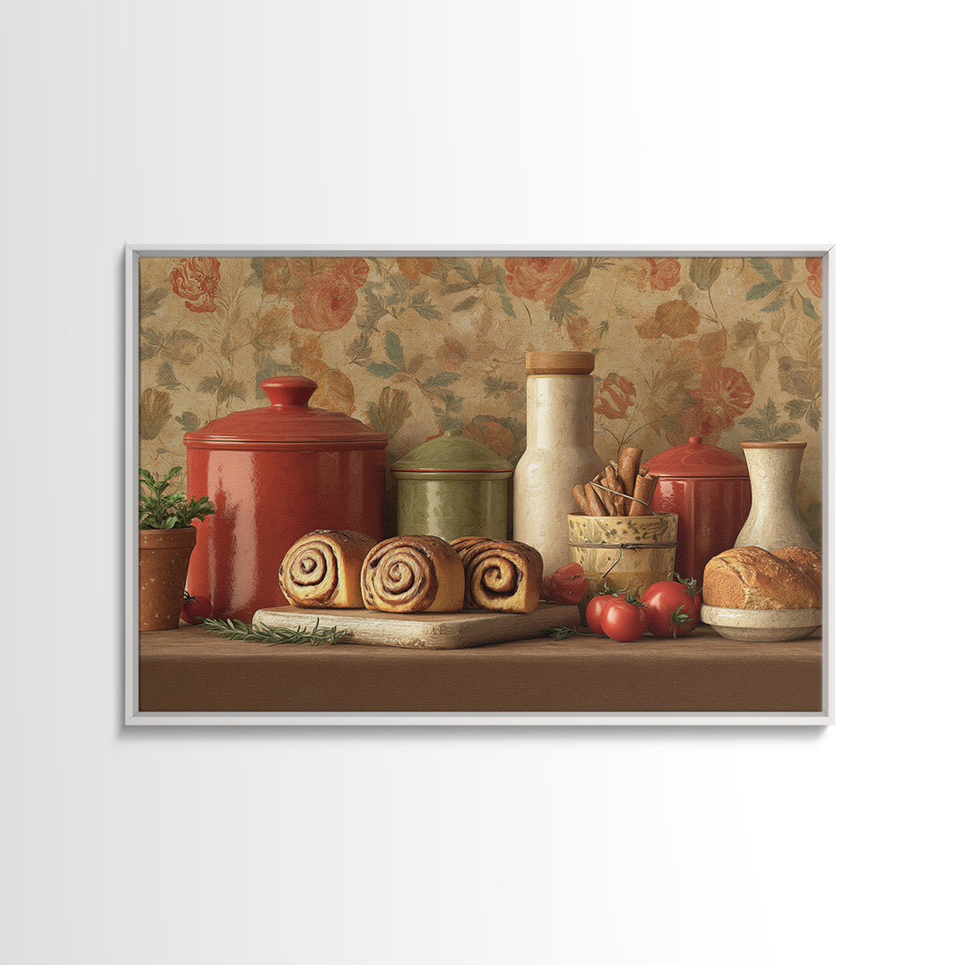 Cinnamon Rolls in a Warm Country Kitchen Framed Canvas Print, Bakery Art, Digital Download Art, Bakery Decor, Patisserie, BAK-3x2-15