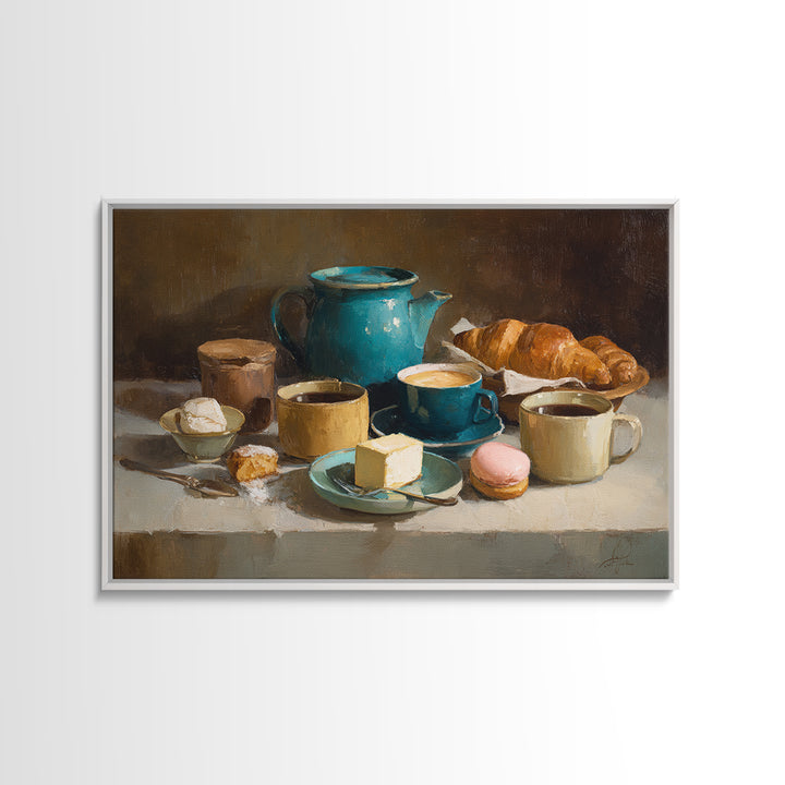 Painterly Eclair and Coffee Still Life Canvas Print, Bakery Art, Aesthetic Wall Art, Bakery Decor, Watercolor Art, Patisserie, BAK-3x2-16