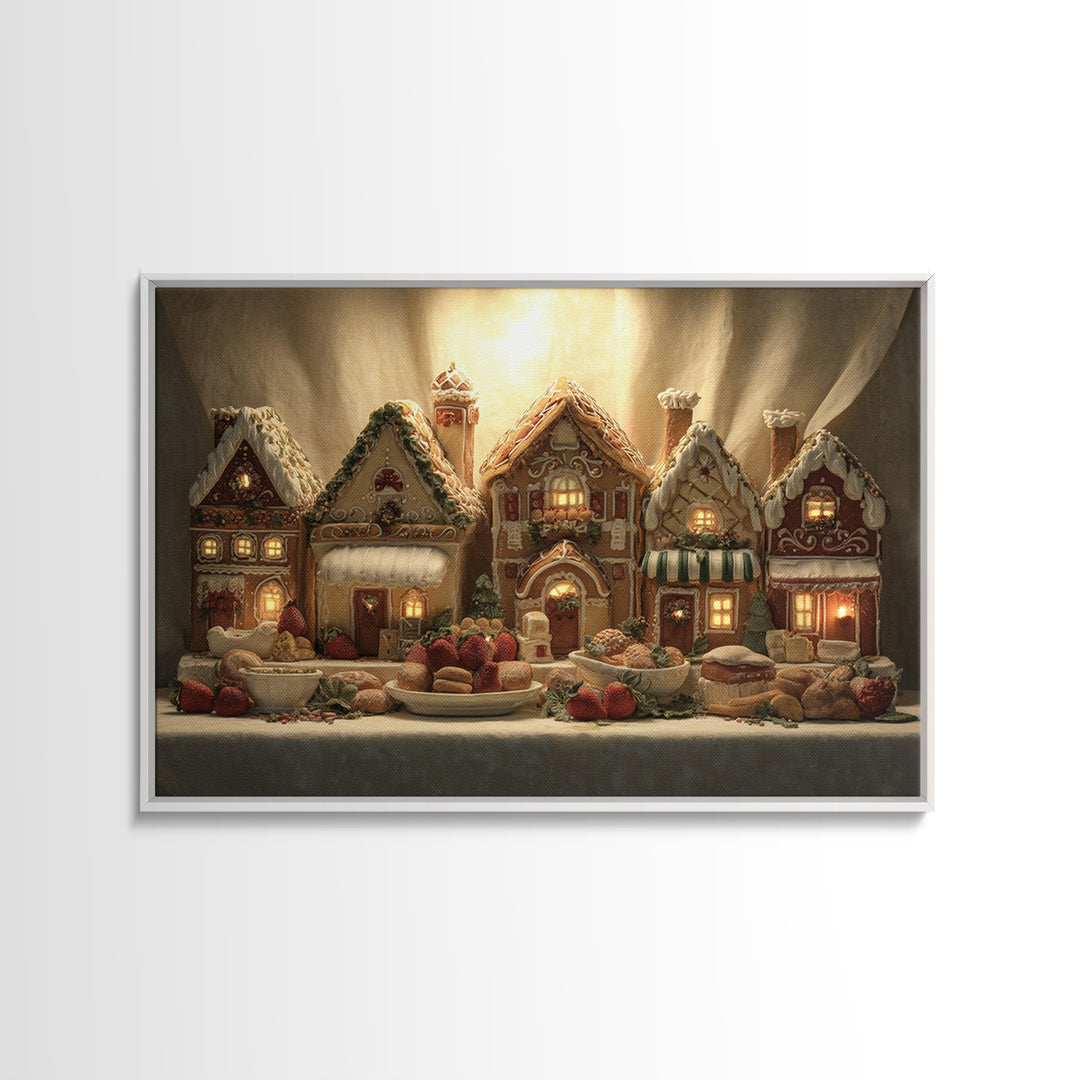 Gingerbread Houses in Charming Folk Art Style Framed Canvas Print, Bakery Art, Watercolor Art, Bakery Decor, Patisserie, BAK-3x2-18