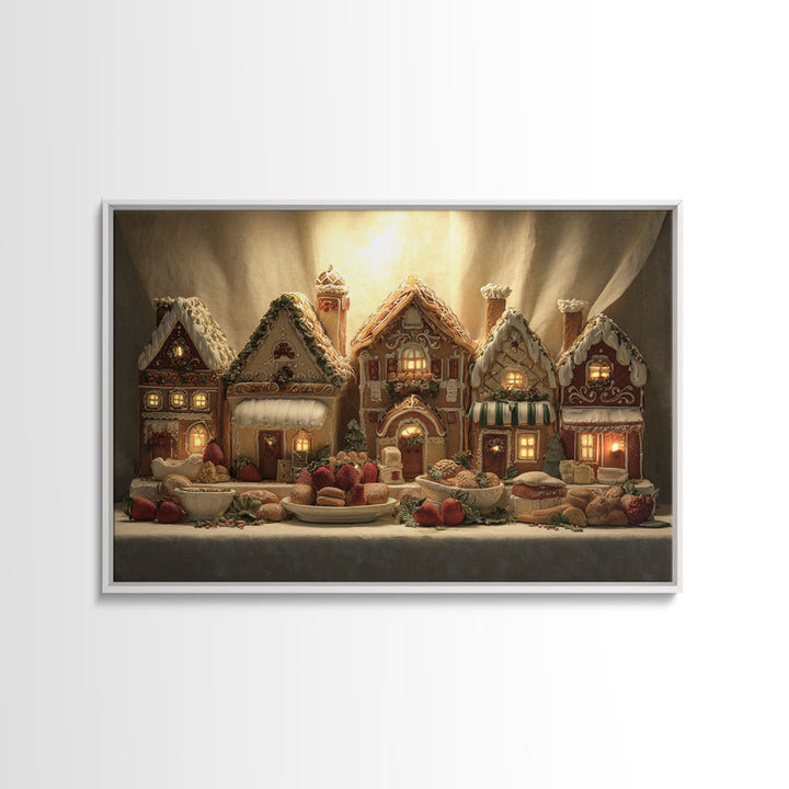 Gingerbread Houses in Charming Folk Art Style Framed Canvas Print, Bakery Art, Watercolor Art, Bakery Decor, Patisserie, BAK-3x2-18