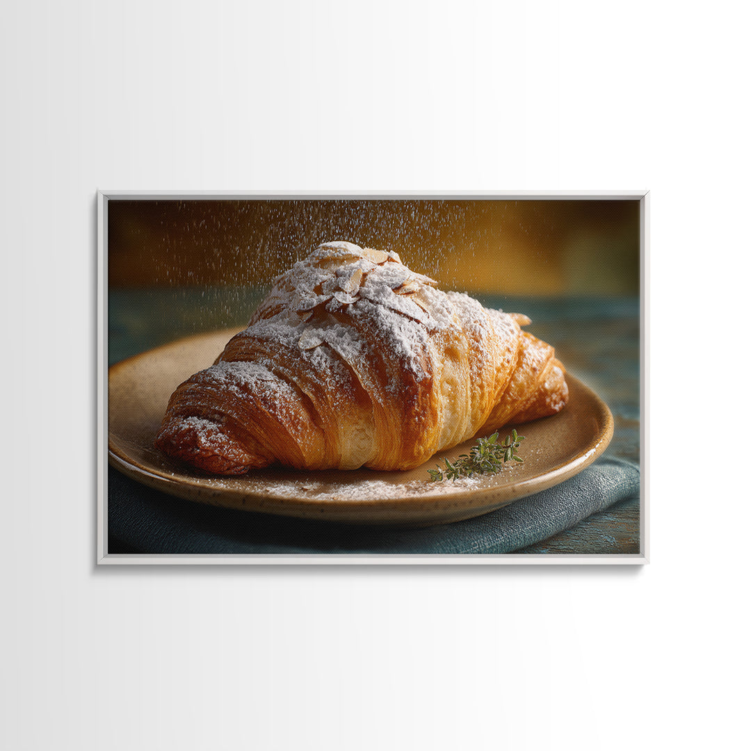 Almond Croissant Closeup Framed Canvas Print, Bakery Art, Statement Artwork, Bakery Decor, Fine Art, Patisserie, Art Print, BAK-3x2-19