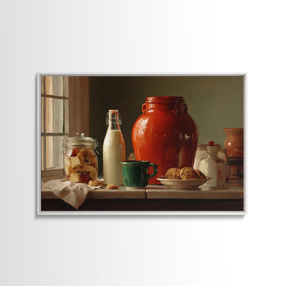 Milk Bottle and Cookies Nostalgic Still Life Framed Canvas Print, Bakery Art, Kitchen Art, Bakery Decor, Fine Art, Patisserie, BAK-3x2-2