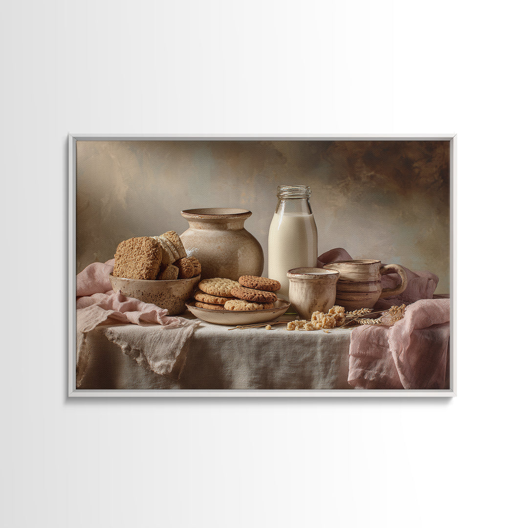 Milk Bottle and Cookies Nostalgic Still Life Canvas Print, Bakery Art, Food Art, Bakery Decor, Watercolor Art, Patisserie, BAK-3x2-26
