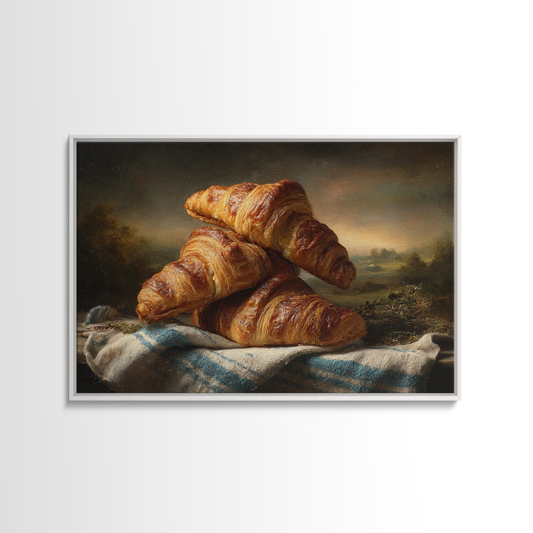Buttery Croissants Stacked on Striped Linen Canvas Print, Bakery Art, Modern Decor, Bakery Decor, Abstract Art, Patisserie, BAK-3x2-29